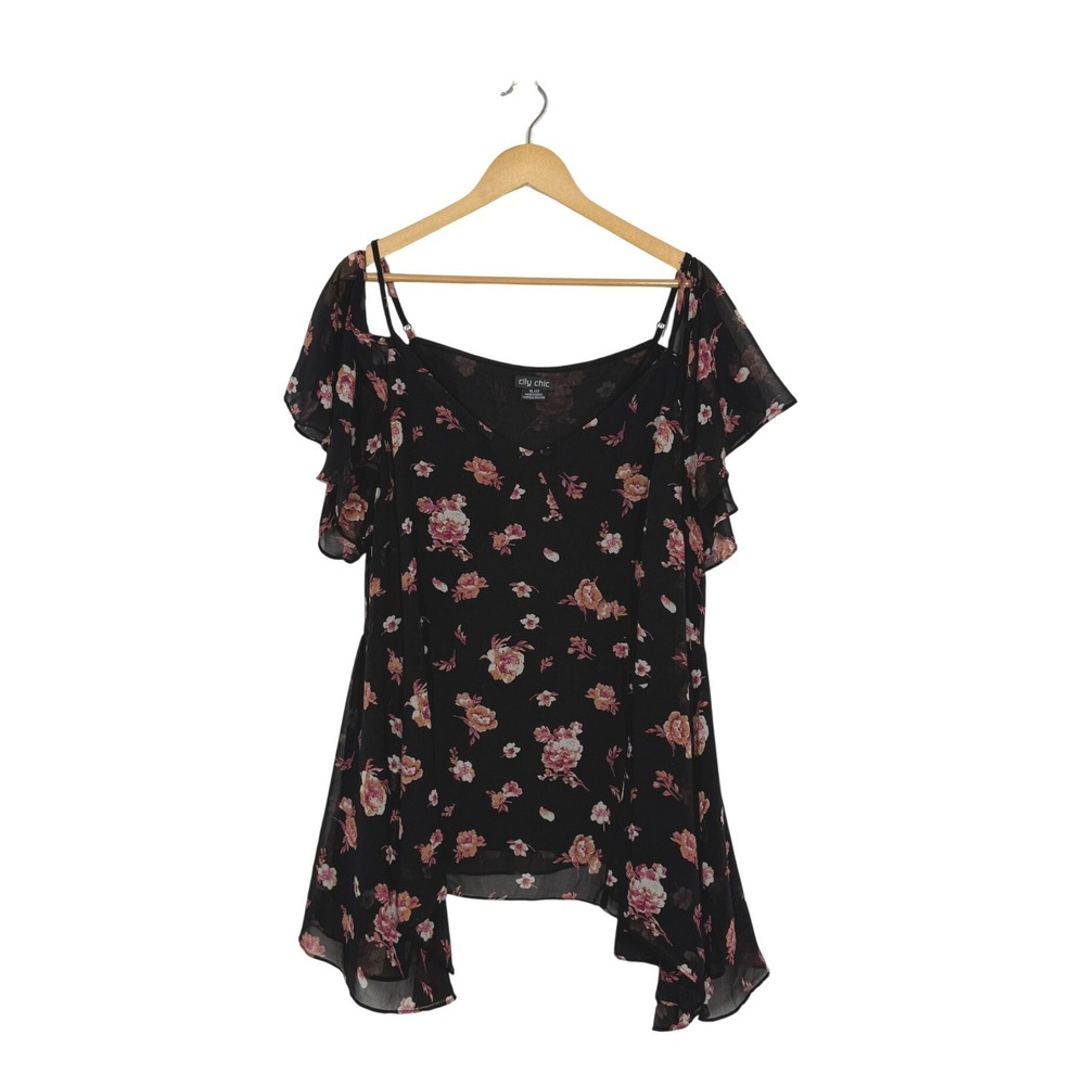 City Chic Floral Cold Shoulder Blouse Plus Size 22 Black Pink Flutter Sleeve Top